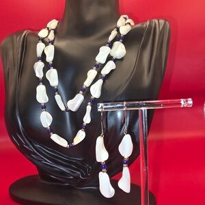 Vintage Mother of Pearl Necklace & Earrings Set – Baroque Style (1980s) 30”